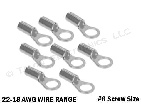 Solderless Uninsulated Ring Terminal for #6 Screw - Crimp - 22-18 Wire Range - 8 PACK
