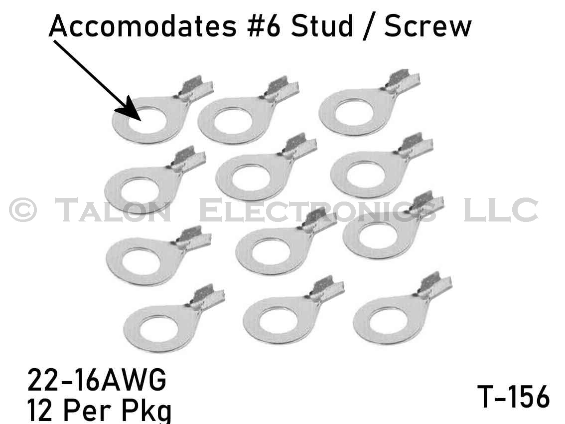 Solderless Uninsulated Ring Terminal for #6 Screw - Crimp - 22-16 Wire Range - 12 PACK