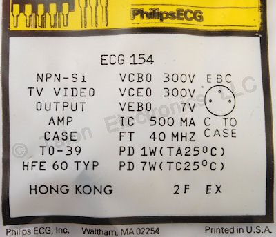  ECG154 NPN Silicon Transistor, Output/Amplifier 300V, 1W, 500mA