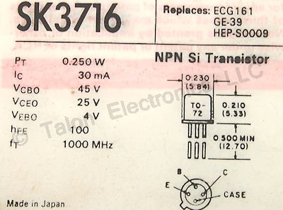   SK3716 NPN Silicon RF Amplifier Transistor - NTE161 Equivalent