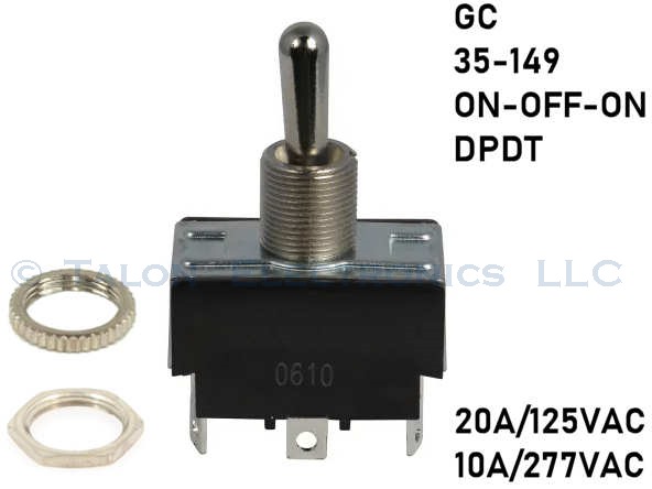 DPDT ON-OFF-ON Panel Mount Toggle Switch GC 35-149, 20A/125VAC