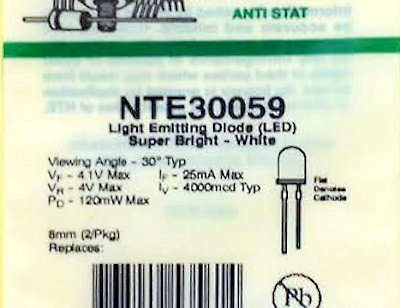 NTE30059  8mm Super Bright WHITE LED (2 LEDs per pkg)