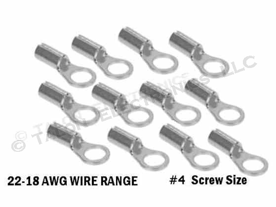 Solderless Uninsulated Ring Terminal for #4 Screw - Crimp - 22-18 Wire Range - 12 PACK