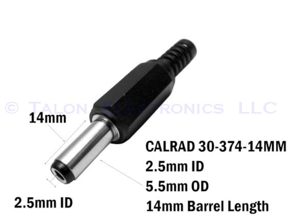  2.5mm DC Power Plug with long barrel - Calrad 30-374-14mm