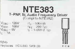   NTE383  PNP Silicon Transistor - Audio Driver