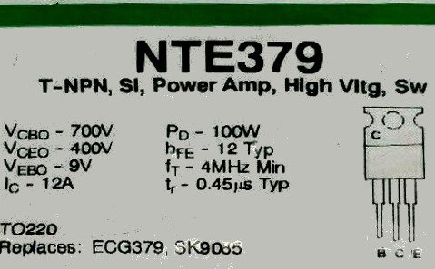   NTE379 Silicon NPN Transistor Power Amp 700V 12A
