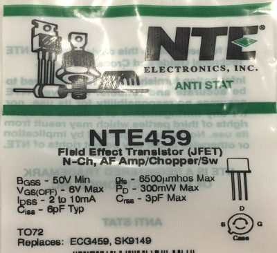   NTE459  N-Channel JFET Transistor, AF Amp/Switch 50V 10mA