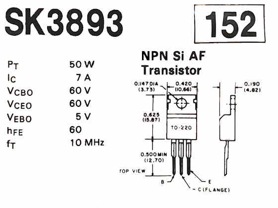   SK3893 NPN Power Transistor - NTE152 Equiv