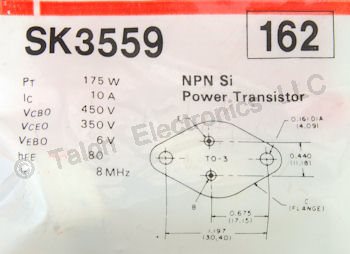   SK3559 NPN Silicon Power Transistor 175W 10A NTE162 Equiv