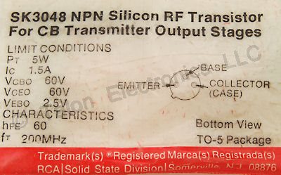   SK3048 NPN Silicon Transistor NTE329 Equiv