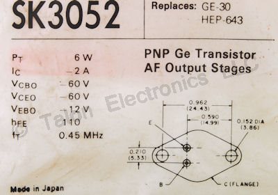  SK3052 PNP Germanium Audio Power Transistor  NTE131 Equiv