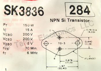   SK3836 NPN Silicon Power Transistor 150W 200V - NTE284 Equiv