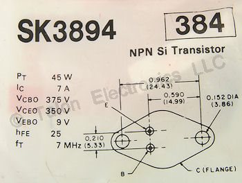   SK3894 NPN Silicon Power Transistor 350V 7A - NTE384 Equivalent