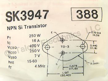   SK3947 NPN Silicon Transistor  400V 16A 250W
